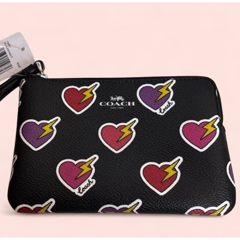 Coach Corner Zip Wristlet Black Multi Heart Lightning Bolt Leather‎ CN857 NEW